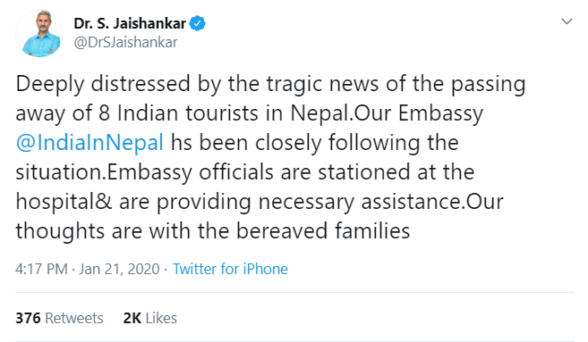Dr S Jaishankar tweet indian tourist died 2020 nepal